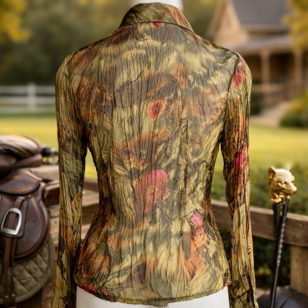 Lise P Paris Sheer Crinkle Button Front Blouse T3 Olive Floral Metallic - Picture 3 of 7